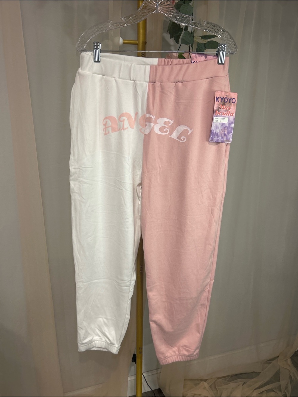NWT KYOYO May Bonita Angel Colorblock Jogger Sweatpants Pink White Large